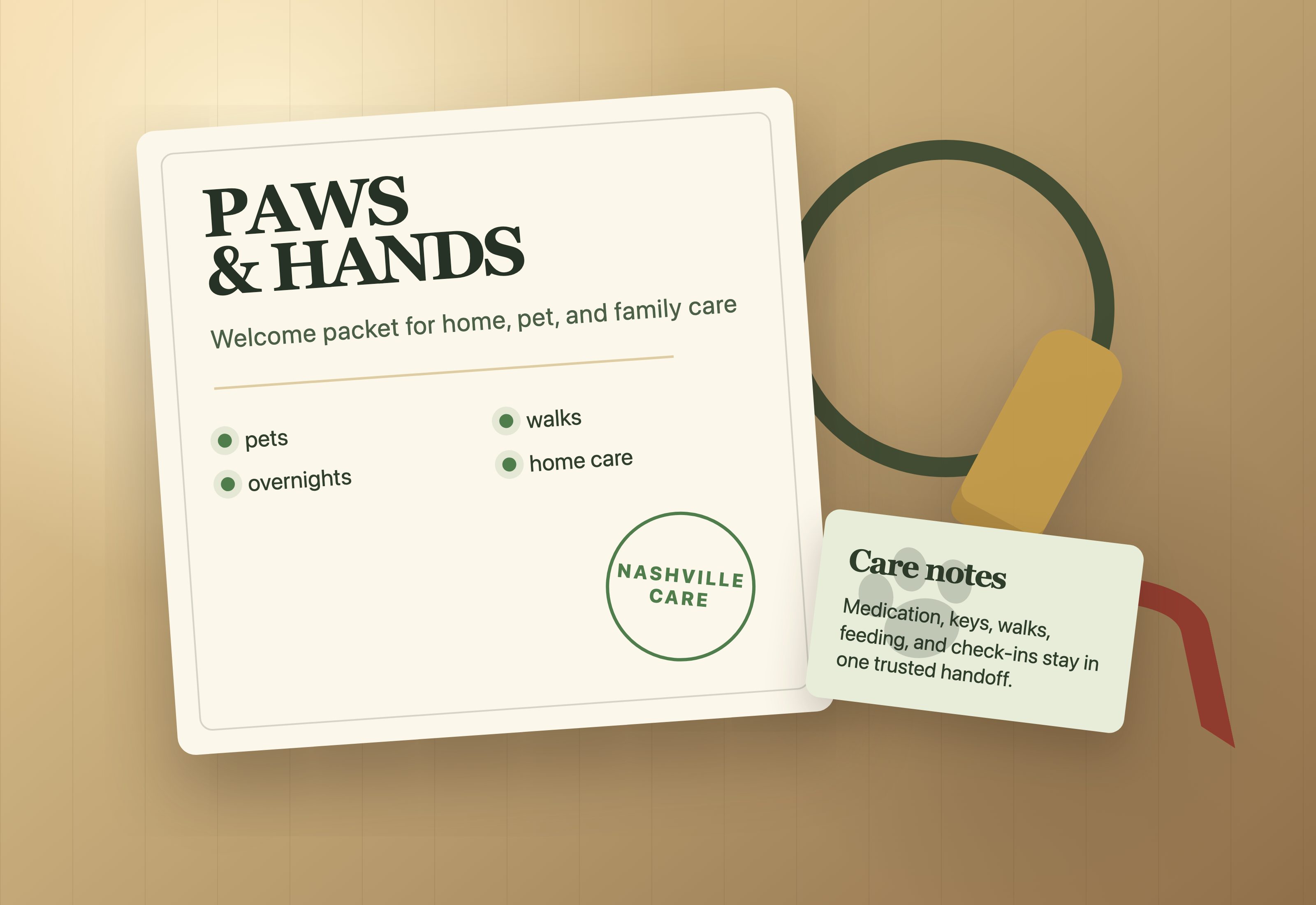A PAWS & HANDS welcome packet on a home counter with care notes, a key, and a leash.